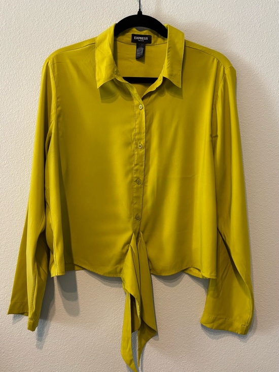 Express Tops - Express Portofino Tie Front Button Down Blouse Chartreuse Yellow Size L